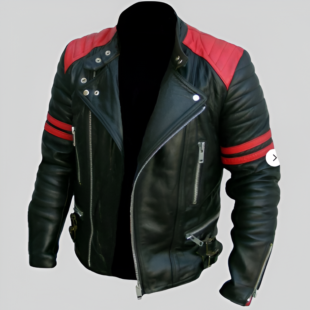 Brando Biker Black & Red Motorcycle Genuine Real Leather Jacket