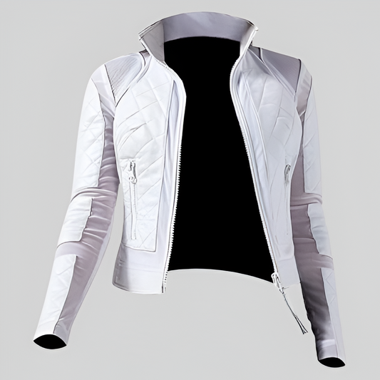 Women's Diamond Quilted Minimal Lace-up Motorcycle Padded White Slim Leather Jacket