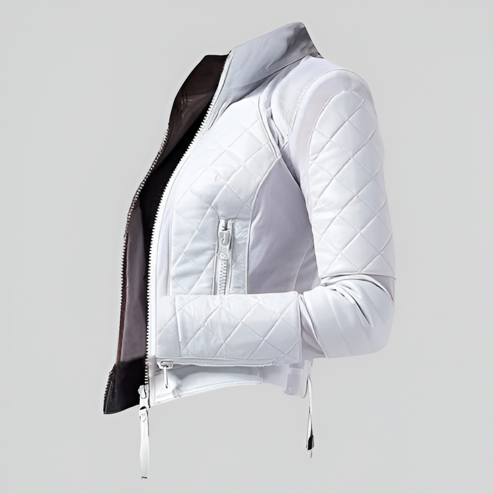 Women's Diamond Quilted Minimal Lace-up Motorcycle Padded White Slim Leather Jacket