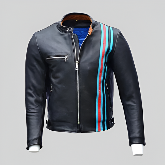 Retro Racing Stripe Leather Jacket