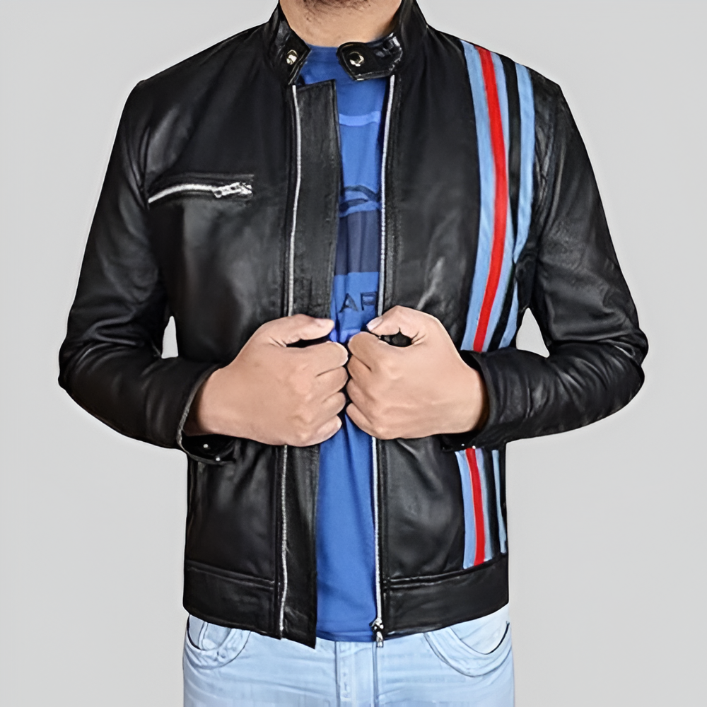 Retro Racing Stripe Leather Jacket