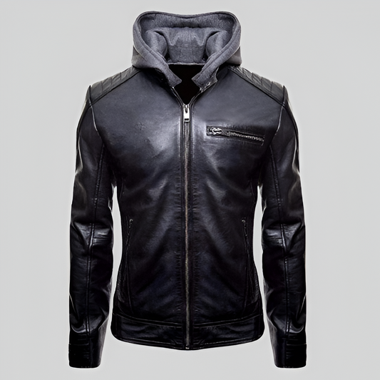 Men's black hooded leather motorcycle jacket