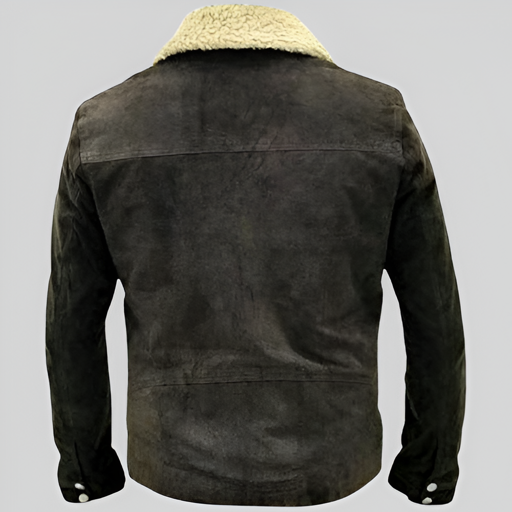 Suede Leather Jacket with Faux Fur Collar