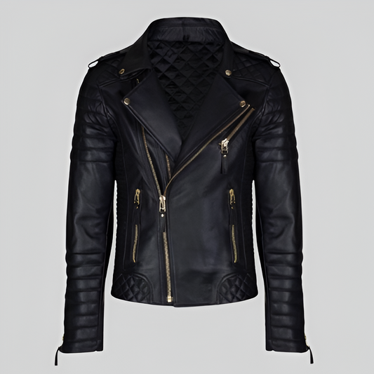 Men's black leather motorcycle jacket with gold hardware