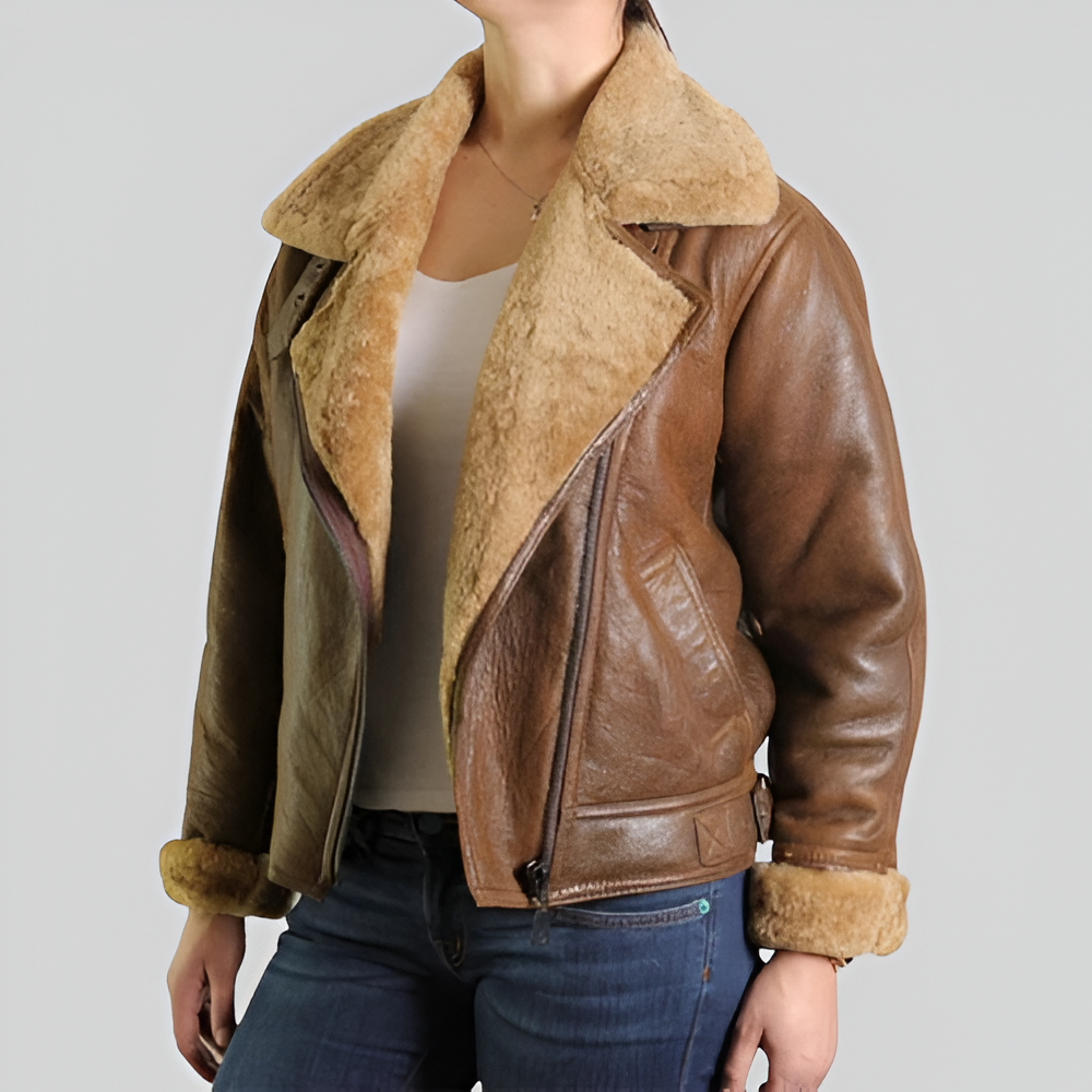 Women's Brown Real Sheepskin Leather Jacket B3 Aviator Jacket