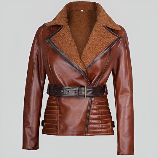 Women's Brown Leather Belted Aviator Jacket