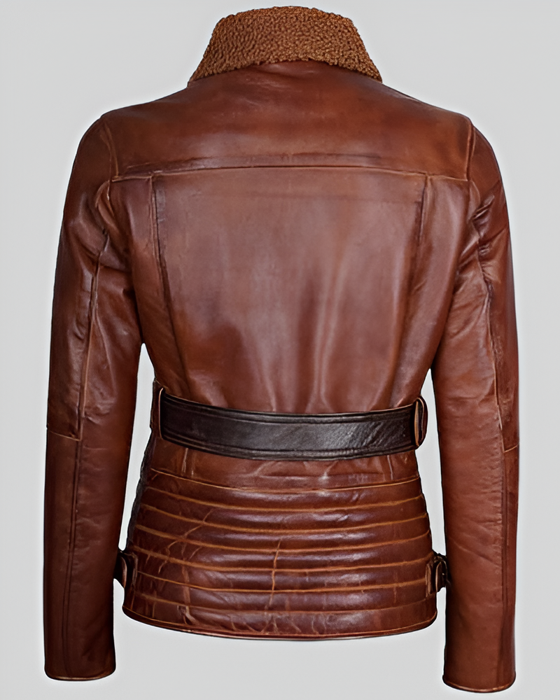 Women's Brown Leather Belted Aviator Jacket