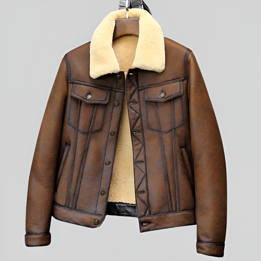 Men's Distressed Brown Shearling Denim Jacket