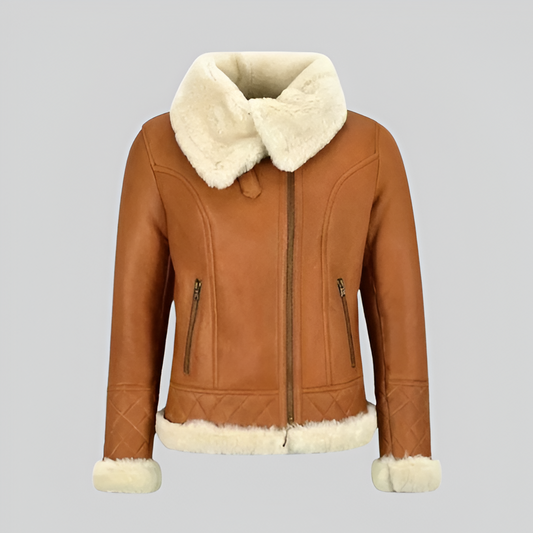 Women's Tan Brown Shearling Bomber Jacket