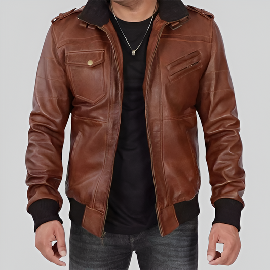 Leo Brown Bomber Leather Jacket With Removable Hood