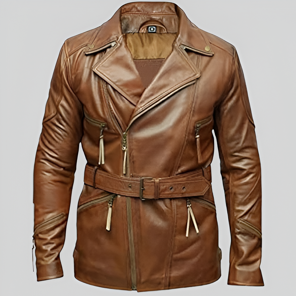 Aviator Distressed Leather Jacket with Belt