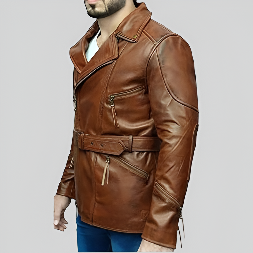 Aviator Distressed Leather Jacket with Belt