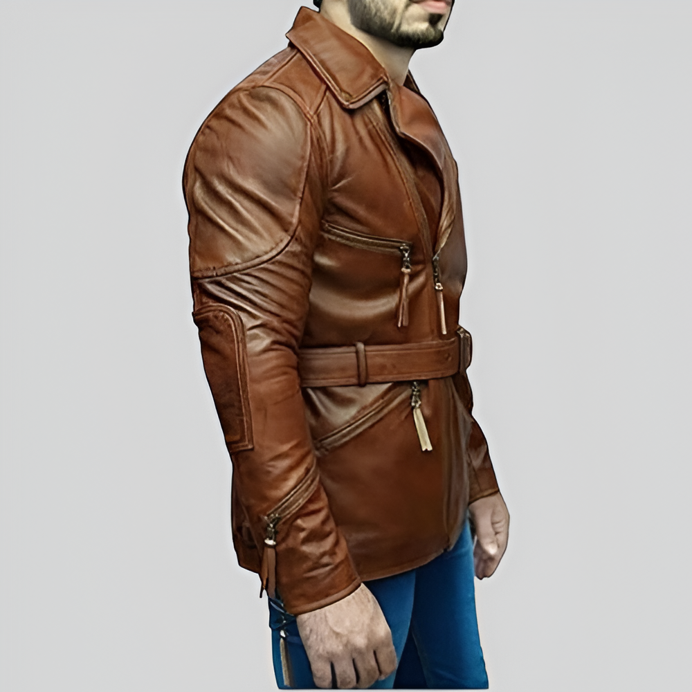 Aviator Distressed Leather Jacket with Belt