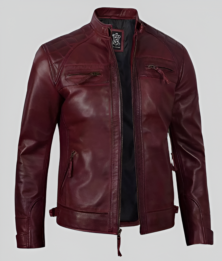 Men's maroon leather cafe racer jacket