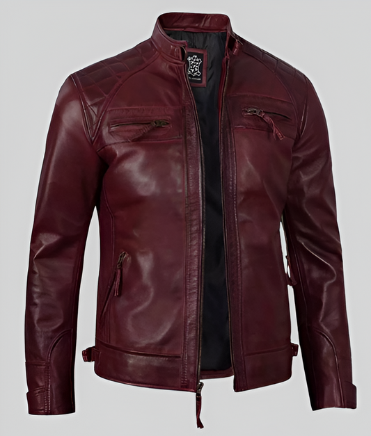 Men's maroon leather cafe racer jacket