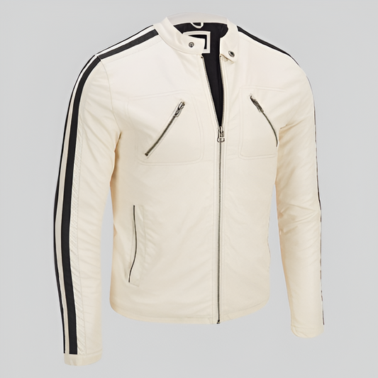 Men's White Leather Racer Jacket with Black Stripes