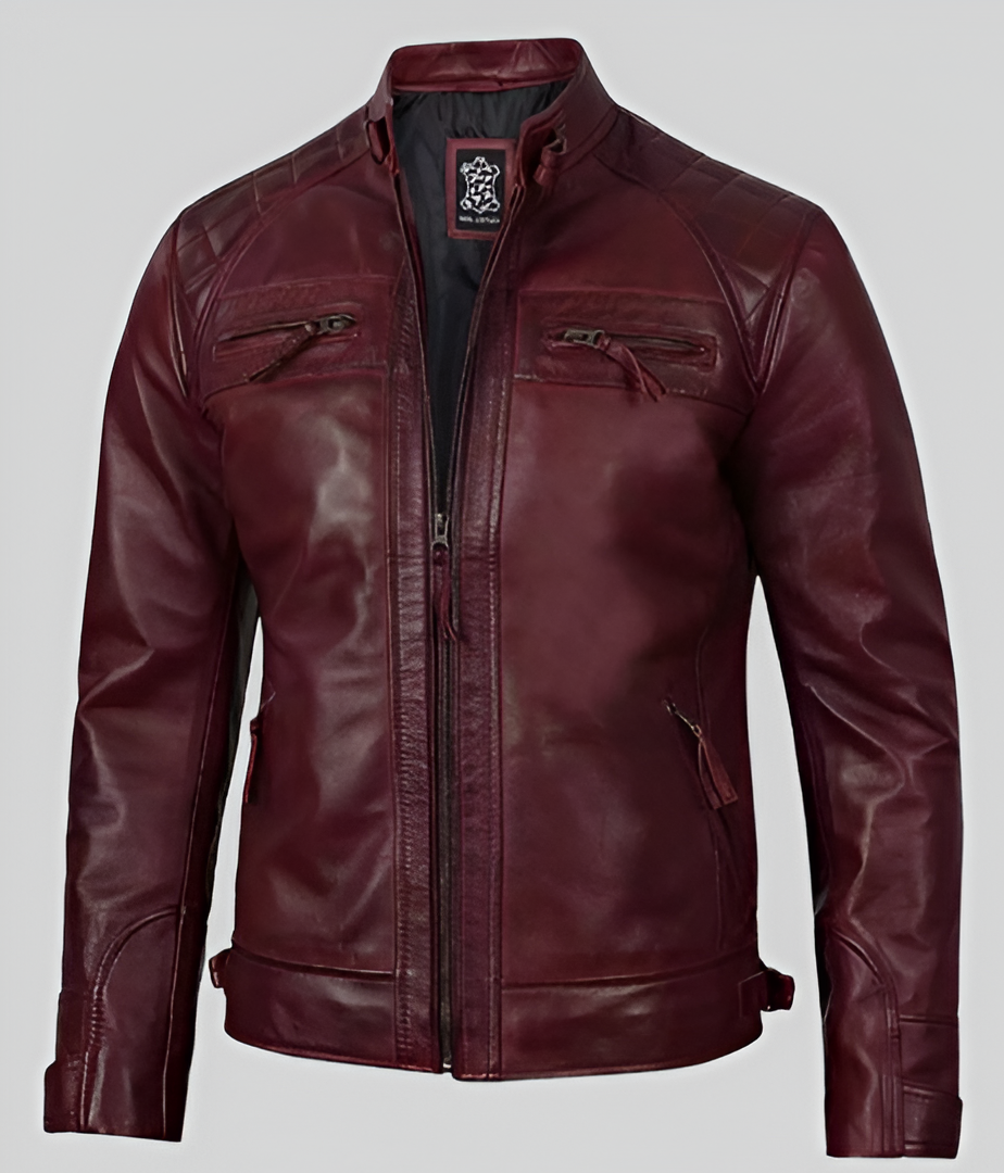 Men's maroon leather cafe racer jacket