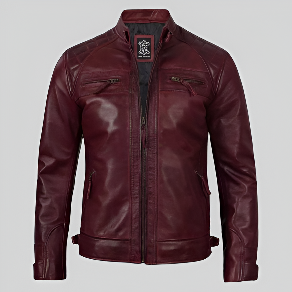 Men's maroon leather cafe racer jacket