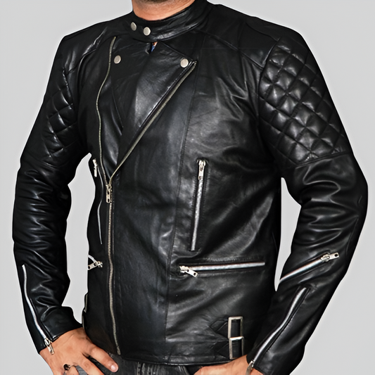 Classic black leather motorcycle jacket