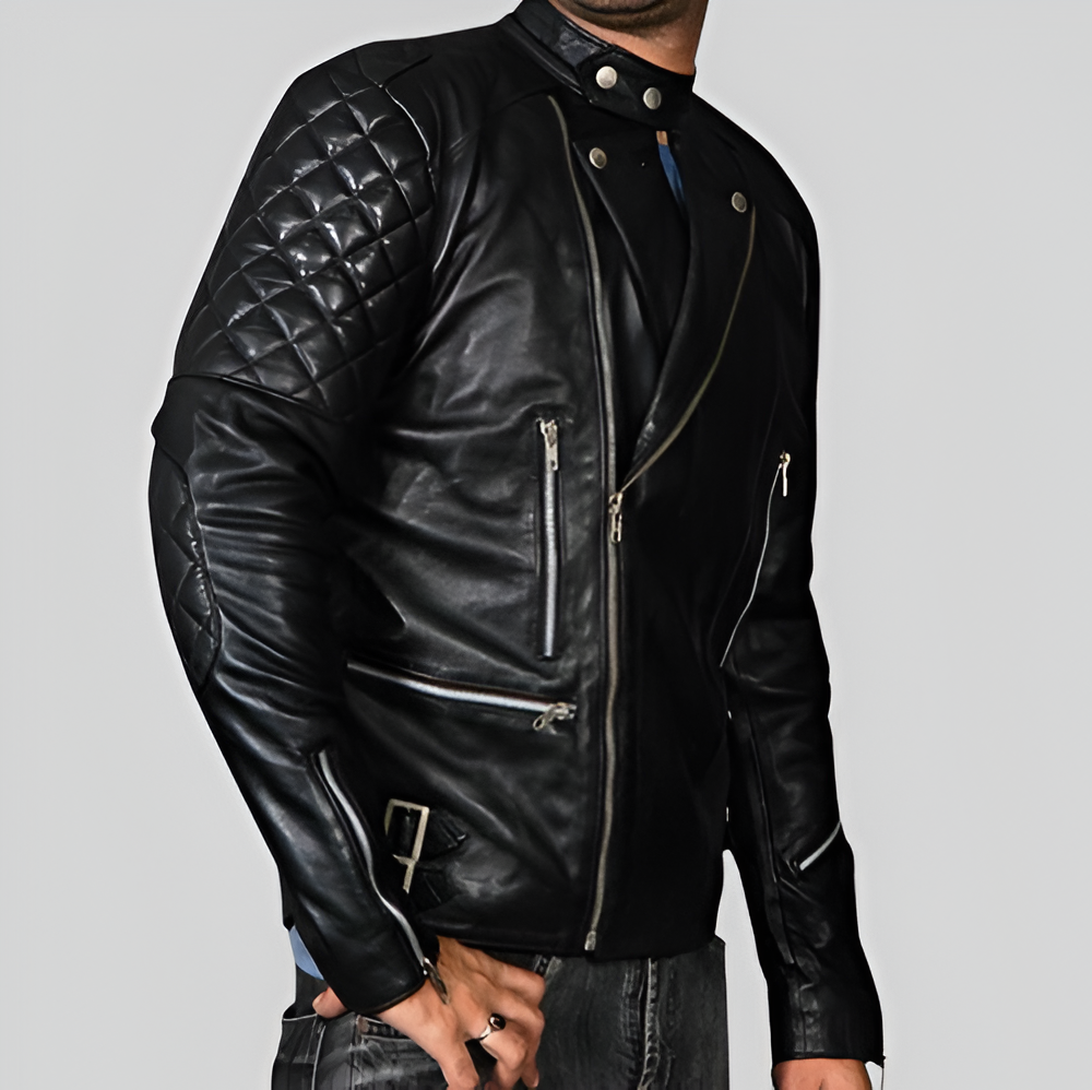 Classic black leather motorcycle jacket