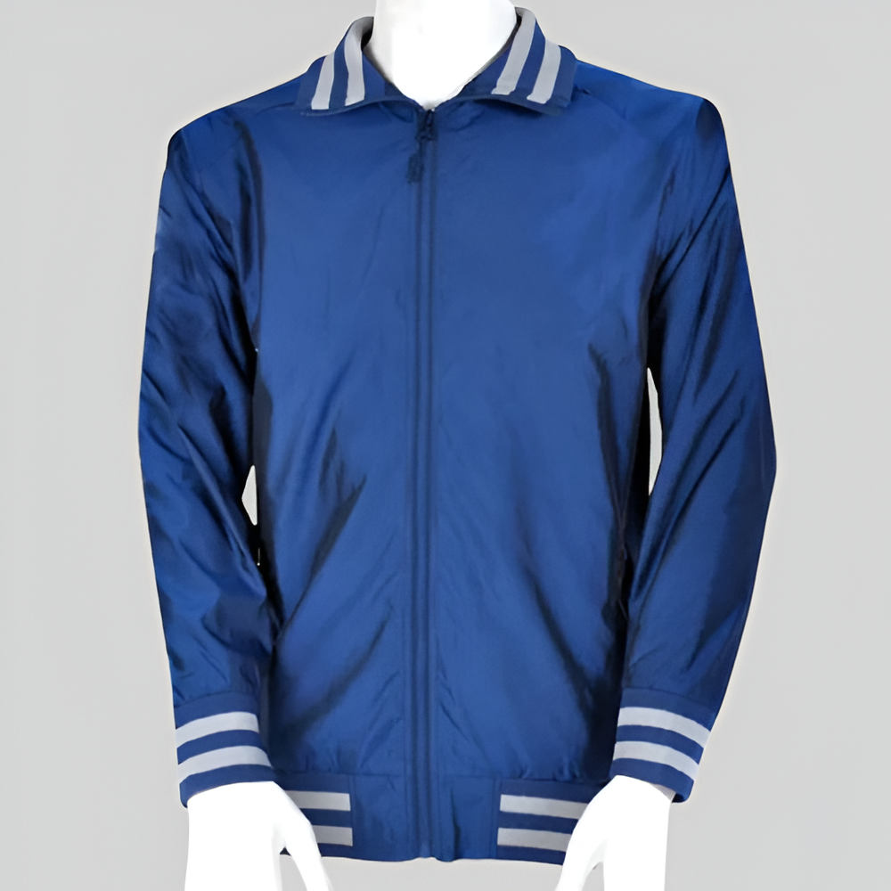 Men's Blue Baseball Jacket with Grey Stripes