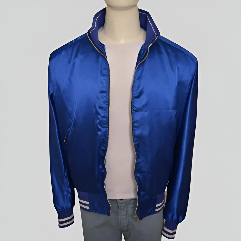 Men's Blue Baseball Jacket with Grey Stripes