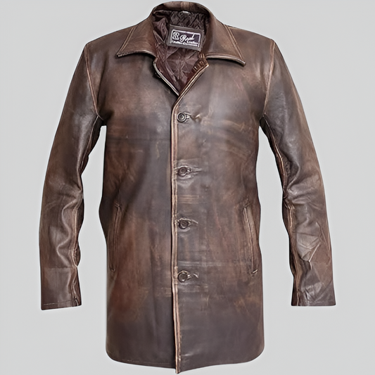 Men's Distressed Brown Leather Harrington Jacket